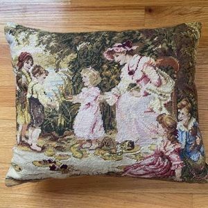 Hand Sewn Needlepoint Pillow of a Mother and her Children In A Garden